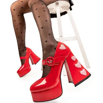 GIGIFOX 2022 Mulheres a Marca do Amor Doente, Saltos Plataforma Preto cor-de-Rosa Gótica Robusto Mary Janes Sapatos Mulheres Bombas de Salto Alto