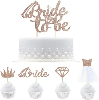 Glitter Rosa de Ouro Noiva Cake Toppers Coroa de Diamante Cupcake Vestido de Casamento Bolo Toppers para o Chuveiro Nupcial de Decoração de Casamento