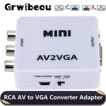 Grwibeou AV RCA para VGA Conversor de Vídeo 1080P Mini Conversor de Vídeo com Áudio de 3,5 mm AV2VGA / CVBS + Áudio para PC, Conversor HDTV
