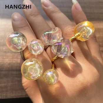 HangZhi 2021 Nova Resina Clara Anel de Bolha Geométricas Lâmpada de cristal de rocha Transparente Coração Anéis Ajustáveis para as Mulheres Jóia do Partido
