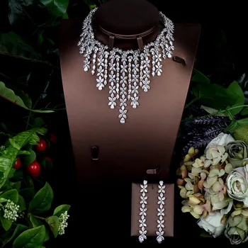 HIBRIDE Moda AAA Cúbicos de Zircônia 2pcs Colar Brinco Conjunto de Acessórios do Casamento Noiva Conjunto de Jóias de collares de moda 2020 N-1293