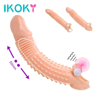 IKOKY Vibração Pau Manga da Ampliação do Pénis de Preservativos Ejaculação Retardada Extensor de Brinquedos Sexuais Para os Homens Adultos de Produtos Reutilizáveis