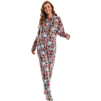 Inverno Cinza Cão Bonito Impresso Macacão De Macacões Loungewear Pijama De Flanela Mulheres Com Capuz Zíper Da Roupa De Dormir