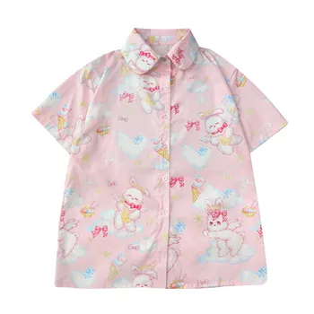 Japonês Menina Soft Estilo Kawaii Coelho Impresso Tops Lolita Doce Cor-De-Rosa Vintage Blusas Coreano Faculdade Bonito Solto Camisas De Chiffon