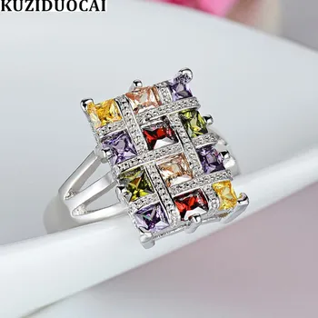 Kuziduocai 2019 Nova Moda Jóias Completo Zircão De Aço Inoxidável De Cristal Colorido Retângulo Festa De Casamento De Anéis Para As Mulheres R-497