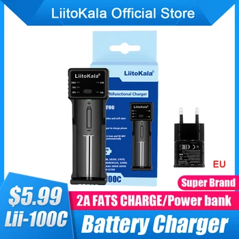 LiitoKala lii-100C 1 Slot 18650 21700 26650 Bateria Carregador 2A LED Smart Rápido Carregamento por USB Bateria de Lítio Recarregável Carregador