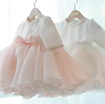 Longo da Luva do Bebê Vestidos da Menina de Contas Arco Batismo Vestido para a Princesa de 1 ano a Festa de Aniversário de Casamento Vestido de Bebê, Batizado de Roupas
