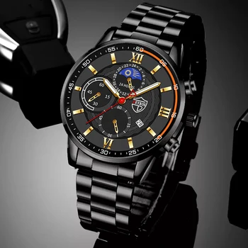 Luxo Mens Relógios Para Homens de Preto Marca do Aço Inoxidável de Quartzo do relógio de Pulso de Homem de Esportes Casual de couro Luminoso do Relógio