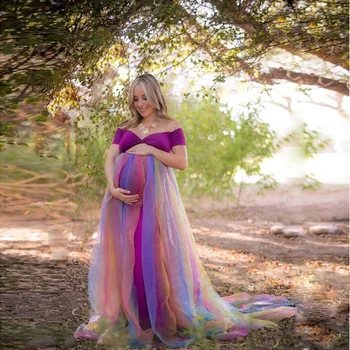 Maternidade Photoshoot Vestido de arco-íris Flowy Gravidez Roupa Vestido de gestante de Fotografia Elegante Vestidos Longos Chuveiro do Bebê