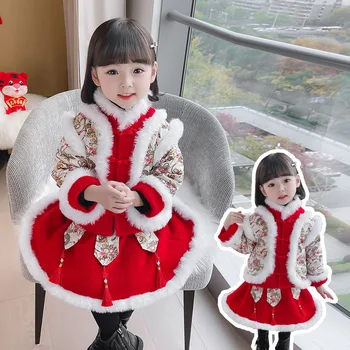 Meninas Hanfu Naipe Completo de Outono Inverno do Ano Novo de Roupa de Moda Conjunto de Crianças Princesa Saia Mais de Veludo Chinês Tang Estilo