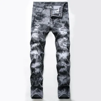 Mens Reta Impresso Jeans Casual Impressão De Hip Hop E Streetwear Punk De Jeans, Calças Slim Fit Designer Calças Stretch Jeans Desbotados