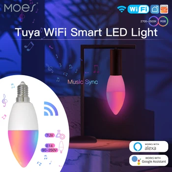 MES wi-Fi Smart LEDLight do Bulbo E14 conduziu a Lâmpada da Vela 16Million RGBCCT 2700-6500K Dimmable Luz dos Candelabros Tuya Alexa Google 90-250V 6W