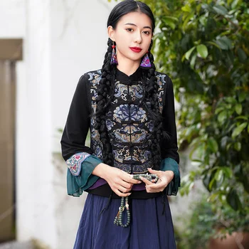 Moda Nacional Colete De Mulheres Bordados Estilo Chinês Tradicional Harajuku Curto Colete Vintage Feminino Casual Tang Terno Gilet