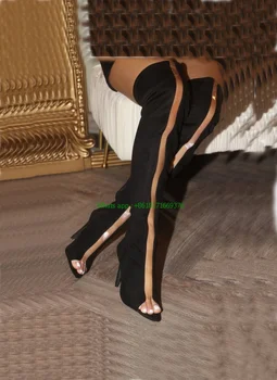 Muito Peep Toe Sobre o Joelho de PVC, Botas Sexy as Mulheres de Luxo Preto Zip de salto alto Botas de Salto Alto da Moda Senhoras Zip de Lado Sapatos