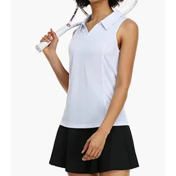 Mulheres Pólo sem Mangas em Camisas do Golfe Seca Rápido, Proteção de UV 50+ V-Pescoço com a Gola Leve Tênis Tops de Badminton desgaste