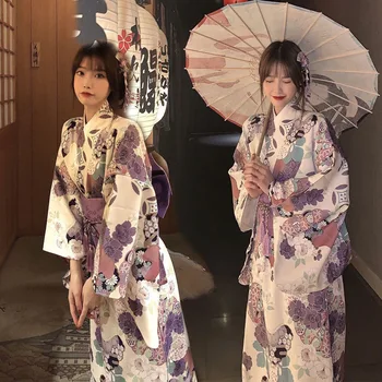 Mulheres Quimono Tradicional Japonês Com Obi Vintage Flora Impressão Haori Longo Roupão Oriental De Yukata Palco Do Show De Trajes Cosplay