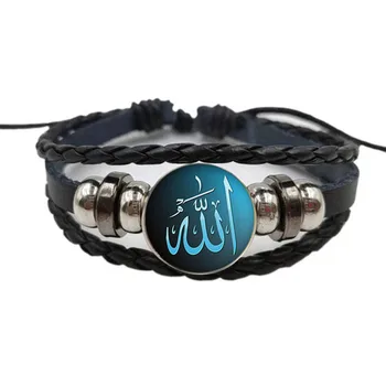 Muçulmanos Islâmicos Deus Logotipo Bracelete de Couro de Islâmica Árabe feito à mão de Vidro de Cabochão Preto Punk Homens Jóia de Presente de Aniversário
