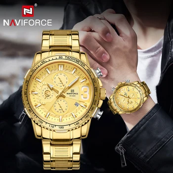 NAVIFORCE Luxo de Ouro de Aço Inoxidável de Negócios Assistir Homens de Design de Moda Quartzo Relógio Homens Waterproof o Esporte chronographe Relógio