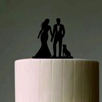 Noiva e do Noivo do Bolo de Casamento Topper com um cão, original E Engraçado, Senhor E senhora de Mãos dadas Bolo de Casamento Topper, presente de Aniversário