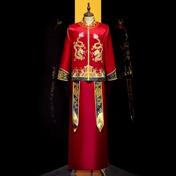 Noivo Tradicional Dragão Bordado Vestido De Noiva Retrô Estilo Chinês Colarinho De Mandarim Cheongsam