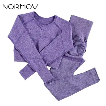 NORMOV 2 Peças de Mulheres Yoga Define Perfeita Conjunto de Ginásio Camisas Manga Longa/Bra+Cintura Alta, Calças, Shorts de Esportes Conjunto de Vestuário Feminino