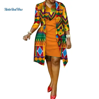 Nova Africano Vestido estampado e paletó para as Mulheres Bazin Riche Algodão 2 Peças, Conjuntos Tradicionais das Mulheres Africanas Roupas WY586