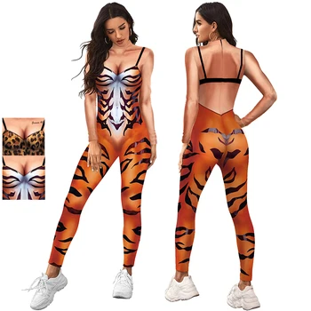 Novas Mulheres Sexy Magrinha Bodysuits Tigre, Leopardo Adulto Moda Cosplay Trajes De Zentai Animal Impressão De Manga Longa Macacões