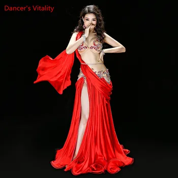 Novo de alta qualidade Traje de Dança do Ventre, Vestidos Sexy Sutiã+Saia+cinto de Desempenho da fase Ternos Roupas Roupas 2 cores verde vermelho