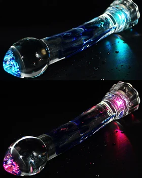 Novo Erótico LED Anal Plug anal Vidro de Cristal de Brilho Dildos brinquedos Sexuais para a Mulher Realista Vibrador Feminino Masturbador G-spot Pênis Grande