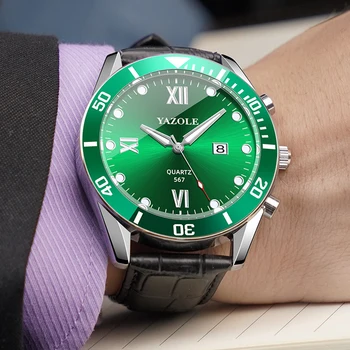 Novo YAZOLE Homens do Relógio Original Verde Mostrador de Relógio de Couro Para Homens Casual de Moda Quartzo Luminosa Impermeável Relógios de Homens de Clássico