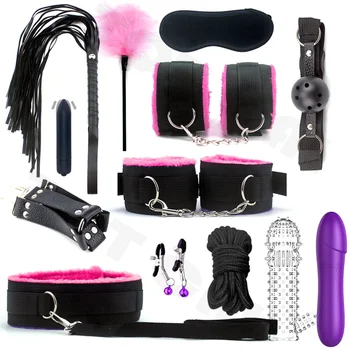 Nylon Exóticas BDSM Kits Sexy de Pelúcia Escravidão Conjunto de Algemas, Chicote Mordaça Vibrador Bullet Vibrador Brinquedos Sexuais Para Mulheres, Jogos de Sexo Acessórios