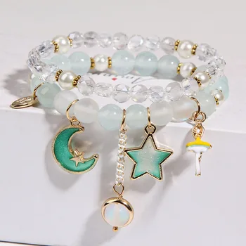 O coreano fresco pequeno cristal bracelete frisado para as mulheres de camada dupla pulseira menina doce coração, estrela, lua bracelete feminino