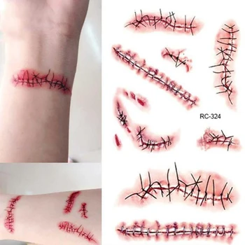 O corpo da Tatuagem da Composição de Adesivos de Halloween Terror Realista Costurado Lesões Feridas Não-tóxico de Longa Duração Temporária Tatuagem Adesivos