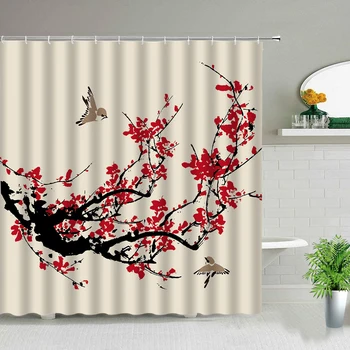 O Estilo chinês de Pintura de Tinta Cortina do Chuveiro, Conjunto Flor de Árvore de Plantas Temáticas Decoração do Banheiro Cortina de Banho cortinas de baño Com Ganchos