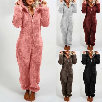 O inverno das Mulheres de Pelúcia Romper Engrossar Macacão de Flanela de Lã com Capuz Pijama Macacões de Manga comprida Zíper Quente Pijamas Homewear