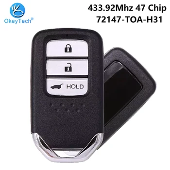 OkeyTech 3 Botão de 433.92 Mhz 3 Botão ID47 Chip 72147-TOA-H31 com HON66 Inserir a Lâmina de Chave Inteligente para Honda 2015 CRV Chave Remota