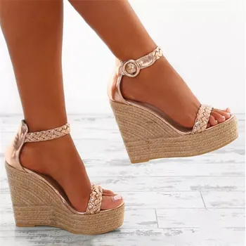 Ouro branco de Verão Sexy Sapatos de Plataforma Cunhas de Sandálias de Salto Alto da Moda Dedo do pé Aberto Elevador Mulheres Bombas de Sandálias Plus Size 34-43