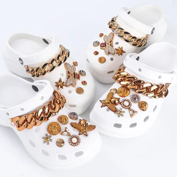 ouro definir croc sapatos encantos cadeia de laço borboleta, abelha Acessórios jibz para croc tamancos calçados Decorações de homem presentes crianças