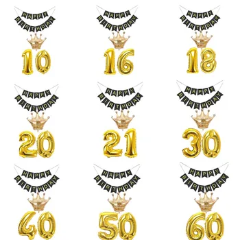 Ouro Número coroa de Balões pretos feliz banner para 10 16 18 20 21 30 40 50 60 70 80 Anos de idade garoto de Aniversário para Adultos Decoração favor