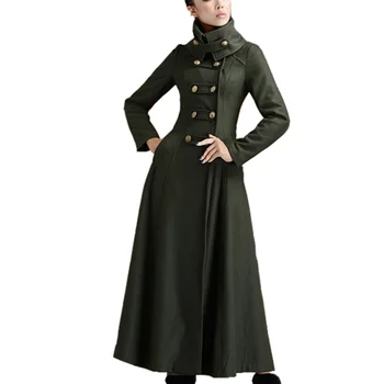 Outono, inverno estilo militar x-longo casaco de lã mulheres stand colar double breasted misturas de lã casaco