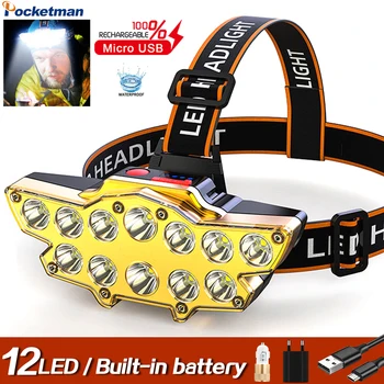 Poderoso Farol Recarregável USB Lâmpada da Cabeça de 12 LED Farol Impermeável Cabeça da Tocha Lanterna com construído na bateria