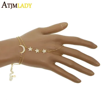Prata 925 esterlina de escravo pulseiras cor de ouro Wristlet pulseira com anel de dupla camada cz pavimentadas, lua, estrelas charme jóias