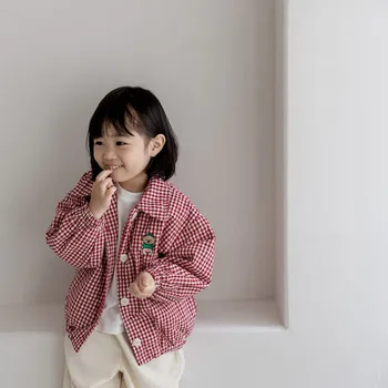 Primavera, Outono Meninos' Meninas' Casaco coreano do Clássico Pequeno Lattice Urso Colado Pano Bordado Lapela do Casaco Fino 2022 Novo