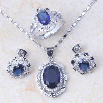 Qualidade superior Nobl Azul Imitação de Cristal de Safira Cor de Prata Colar/Pingente/Brincos/Anéis de Jóias de Noiva, Define KT086