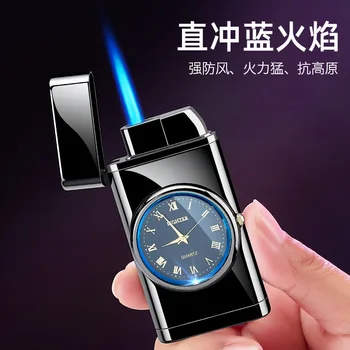 Relógio novo Criativo Chama Azul Gás Isqueiros Inflável Charuto Isqueiro de Butano Isqueiro à prova de Vento Homens de Fumar Conjunto Dom