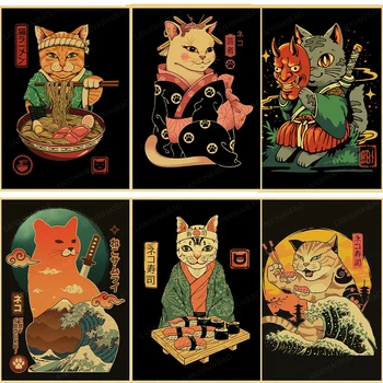 Retro Cartazes Barra decoração de estilo Japonês Samurai gato Mão Puxado Macarrão polvo Ondas Resumo a Decoração Home