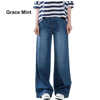 S-4XL Solta calças de Brim das Mulheres Casual Jeans Verão, Outono Fina de Jeans, Calças Retas Wide Leg Jeans