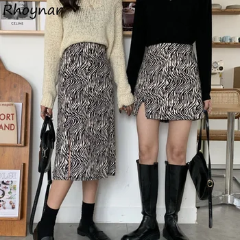 Saias das Mulheres de Verão Zebra Moda de Uma linha Lateral da Fenda Vintage Elegante Império Streetwear Confortável-correspondência Simples Estilo coreano