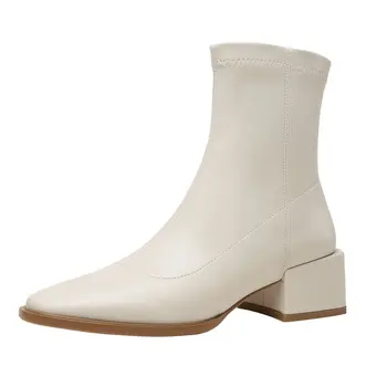Senhoras Ankle Boots De Couro Genuíno De Espessura Salto Alto Outono Inverno Elegante E Concisa Clássicos Sapatos De Mulher Tamanho 42