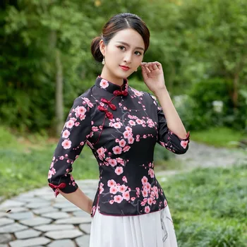 SHENG COCO S-4XL Plus Size Preto Flores Qipao Blusa de Cetim Estilo Tradicional Chinês Cheongsam Camisas de Ameixa Impressão Qipao Topo
